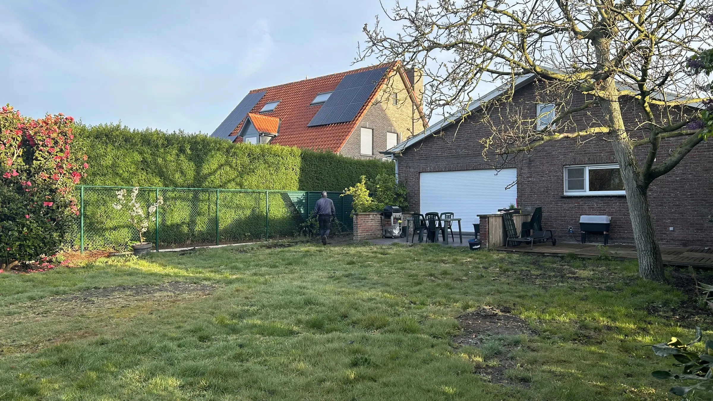 Oorspronkelijke tuin met gazon, haag en achterliggende woning